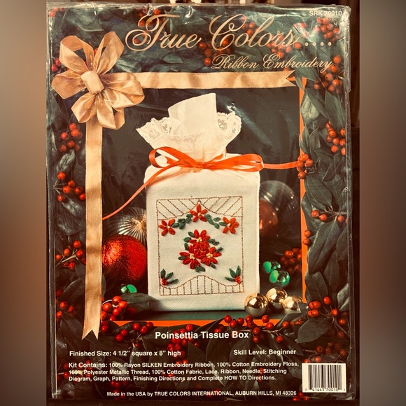 True Colors Ribbon Embroidery Poinsettia Tissue Box Holder Beginner Level NEW - Picture 1 of 3